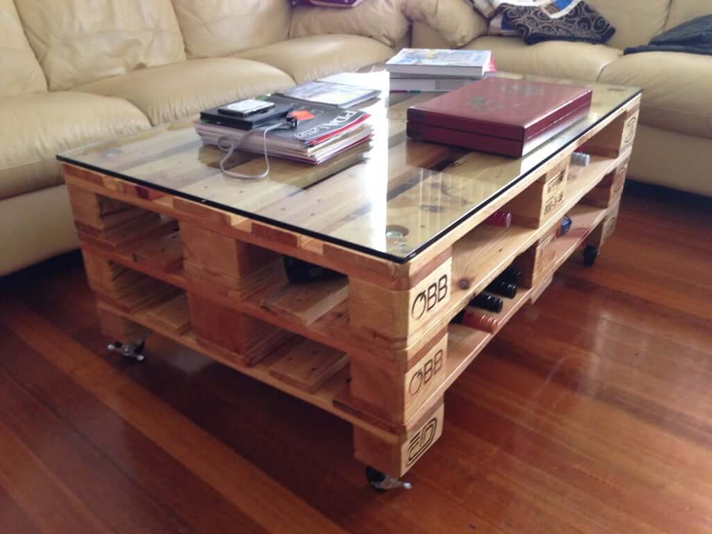 Industrial Style Pallet Coffee Table With Glass Top