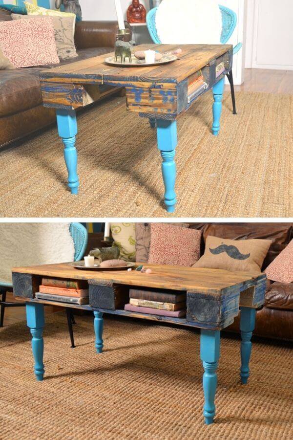 Retro Pallet Coffee Table With Blue Legs
